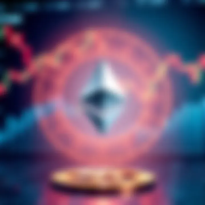 Ethereum symbol with financial charts and Microstrategy logo in the background