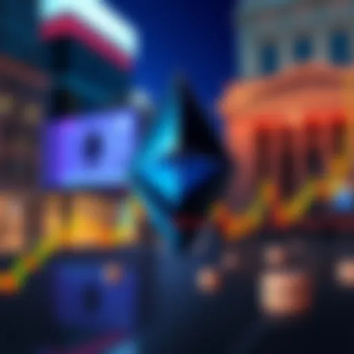 Graph showing Ethereum's price decline by 5% with SWIFT logo and financial institutions in the background