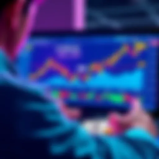 A person looking at a trading screen, showing a chart with Ethereum prices, indicating a recent sell-off. Cash and a profit indicator are nearby.