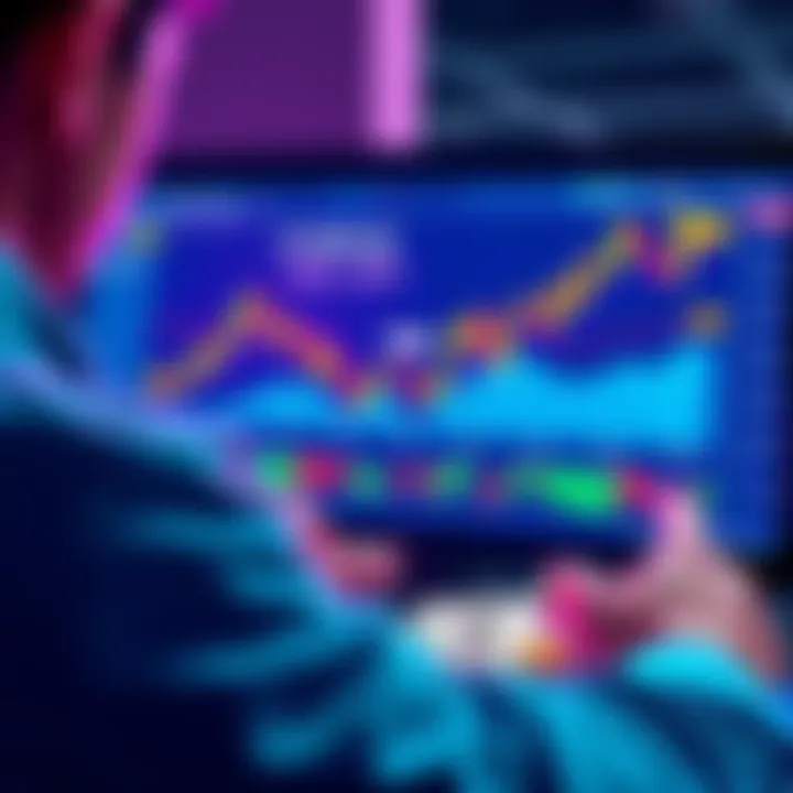 A person looking at a trading screen, showing a chart with Ethereum prices, indicating a recent sell-off. Cash and a profit indicator are nearby.