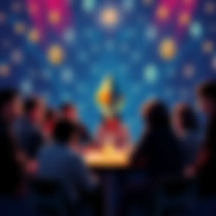 Ethereum Community Discussion A group of people talking about Ethereum, sharing news and insights, with a digital backdrop of Ethereum symbols.