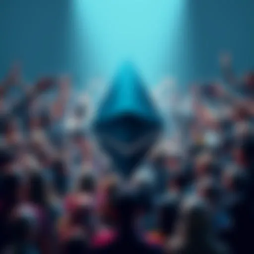 The Ethereum logo surrounded by diverse people supporting the platform, representing strong community ties and advancements in technology.