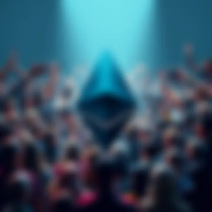 The Ethereum logo surrounded by diverse people supporting the platform, representing strong community ties and advancements in technology.