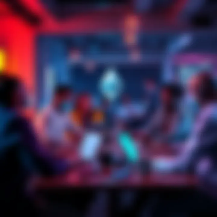 A group of people discussing Ethereum and crypto updates in a casual setting, with laptops and coffee around them.