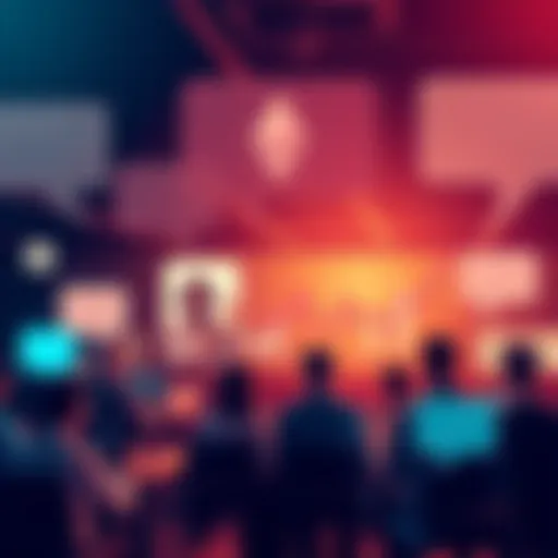 Graphic showing people discussing Ethereum topics online with speech bubbles and charts.