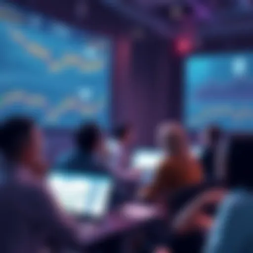 People engaging in a lively discussion about Ethereum with charts and news articles on screens.