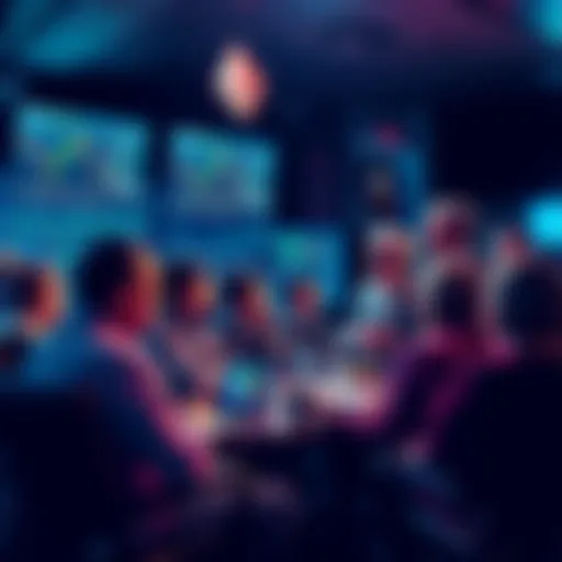 A diverse group of people engaging in discussion about Ethereum, with charts and screens showing price trends and news articles in the background.