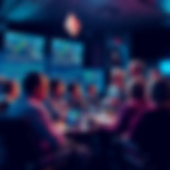 A diverse group of people engaging in discussion about Ethereum, with charts and screens showing price trends and news articles in the background.