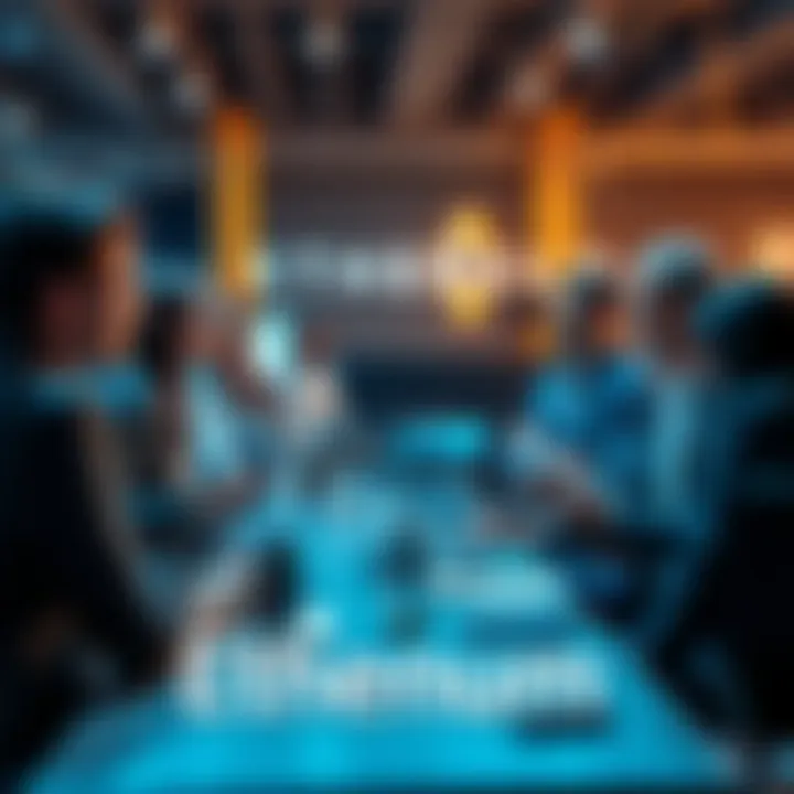 A diverse group of people engaged in a lively discussion about Ethereum, sharing thoughts on news and trends, with laptops and mobile devices in hand.