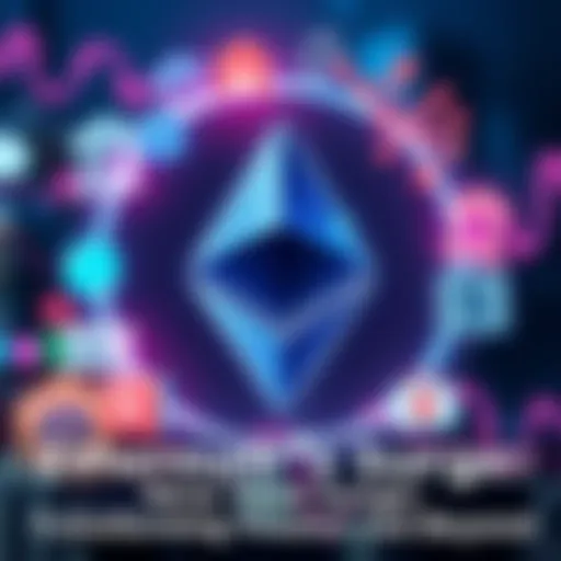 Ethereum logo surrounded by icons representing finance like banks and lending.