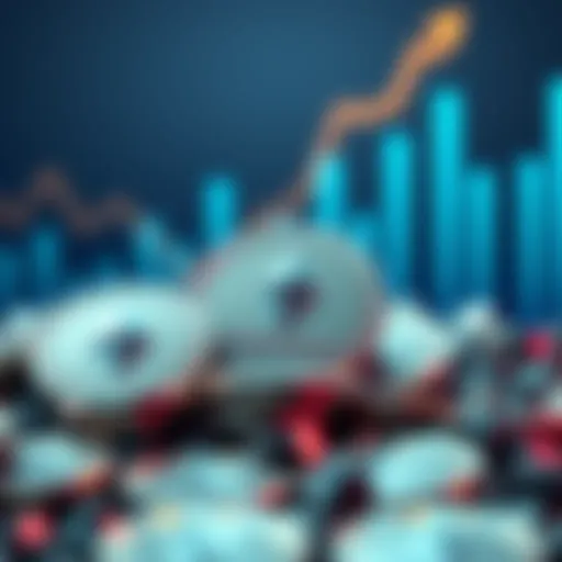 Multiple Ethereum coins with a rising graph in the background indicating growth and investment potential.