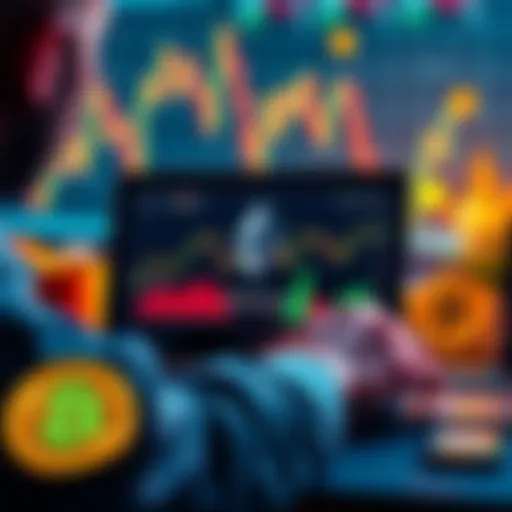 A person analyzing Ethereum trends on a laptop screen, surrounded by financial charts and Bitcoin symbols