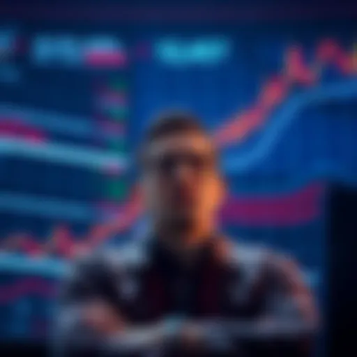 A trader contemplating a decision about investing life savings into Ethereum, surrounded by charts and graphs indicating a price spike.