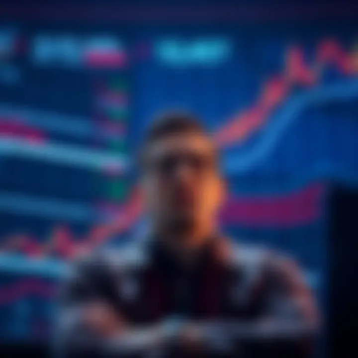 A trader contemplating a decision about investing life savings into Ethereum, surrounded by charts and graphs indicating a price spike.