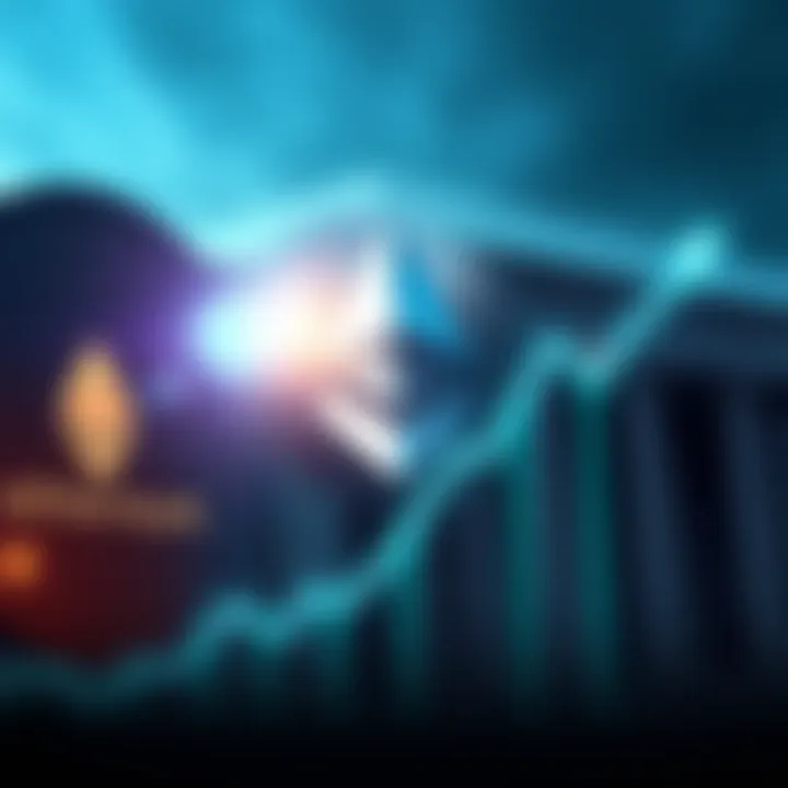 Ethereum symbol with a rising graph against a backdrop of a bank, illustrating its market cap surpassing Bank of America.