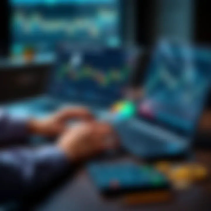 A person analyzing Ethereum charts on a laptop with coins and a calculator on the table.