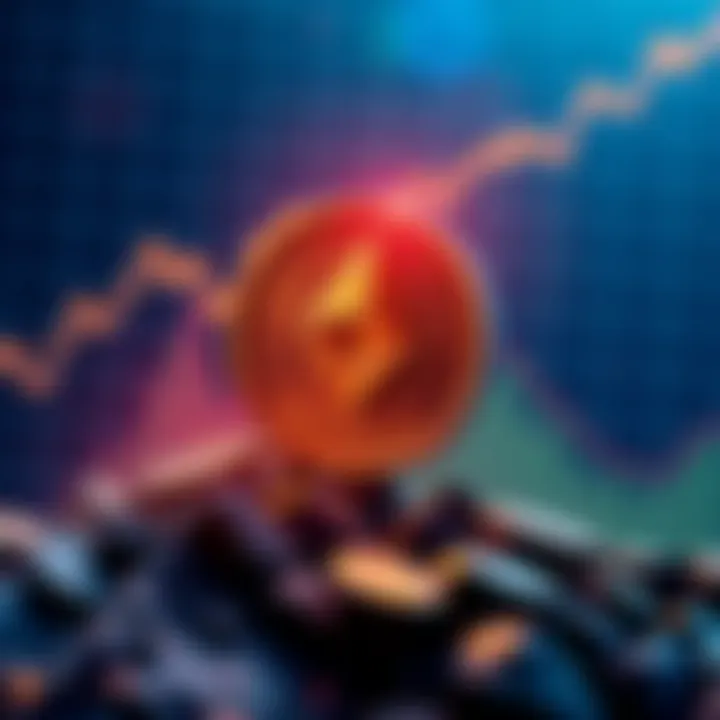 A digital artwork showing Ethereum coin rising towards a $10,000 mark, with a graph background indicating market trends.