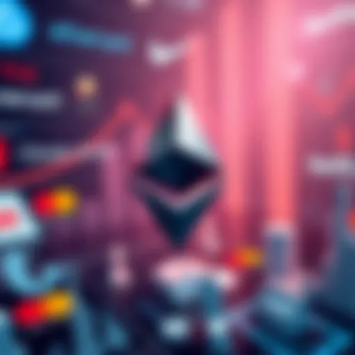 Illustration of Ethereum logo with rising graphs and logos of Mastercard, Netflix, and other major companies in the background