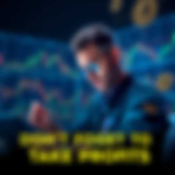 A trader looking at Ethereum charts with profit indicators, surrounded by graphs and crypto symbols