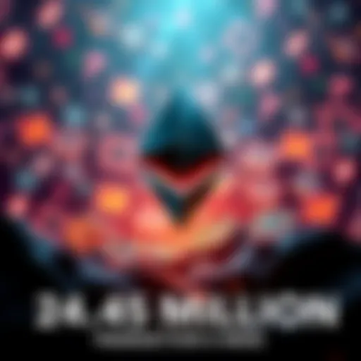Graphic showing the rise in Ethereum transactions reaching 24.45 million in a week with a background of digital currency symbols.