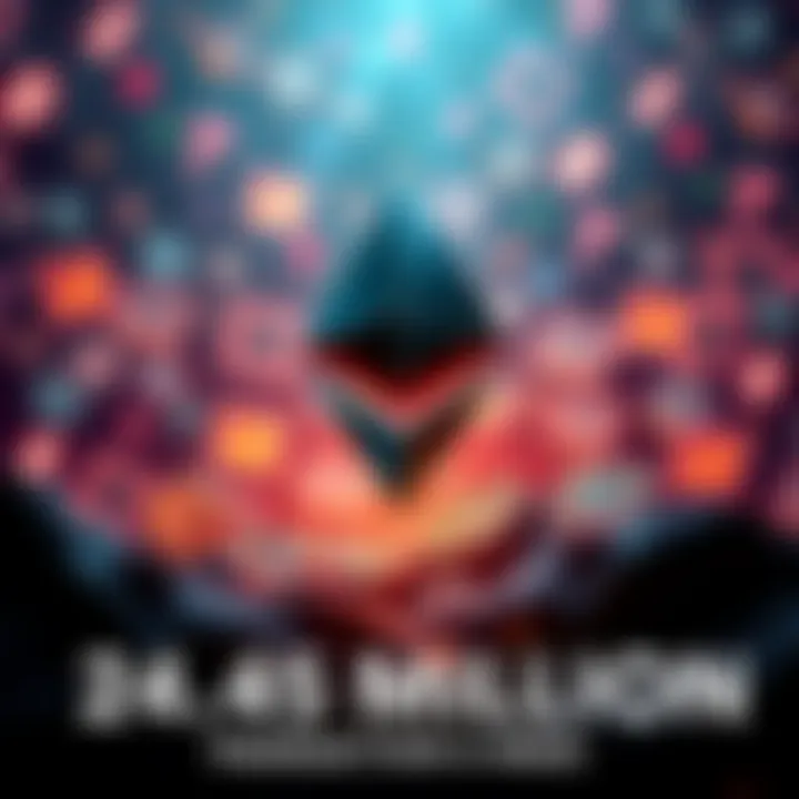 Graphic showing the rise in Ethereum transactions reaching 24.45 million in a week with a background of digital currency symbols.