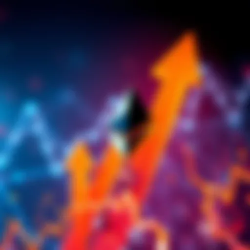 A graphic showing a surge in Ethereum transactions with arrows pointing upward, symbolizing growth in blockchain activity.