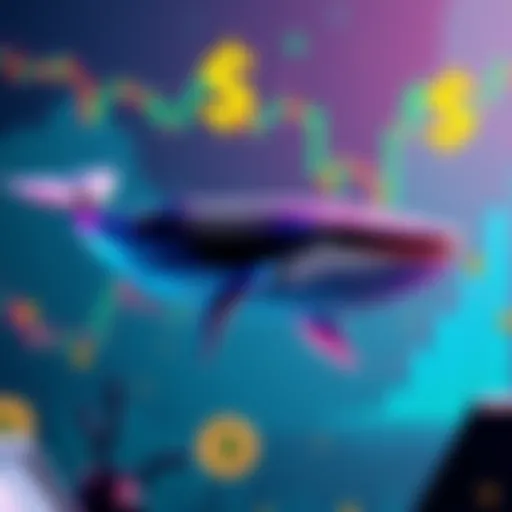 A graphic representing a whale symbolically investing in Ethereum, with dollar signs and declining price charts in the background.