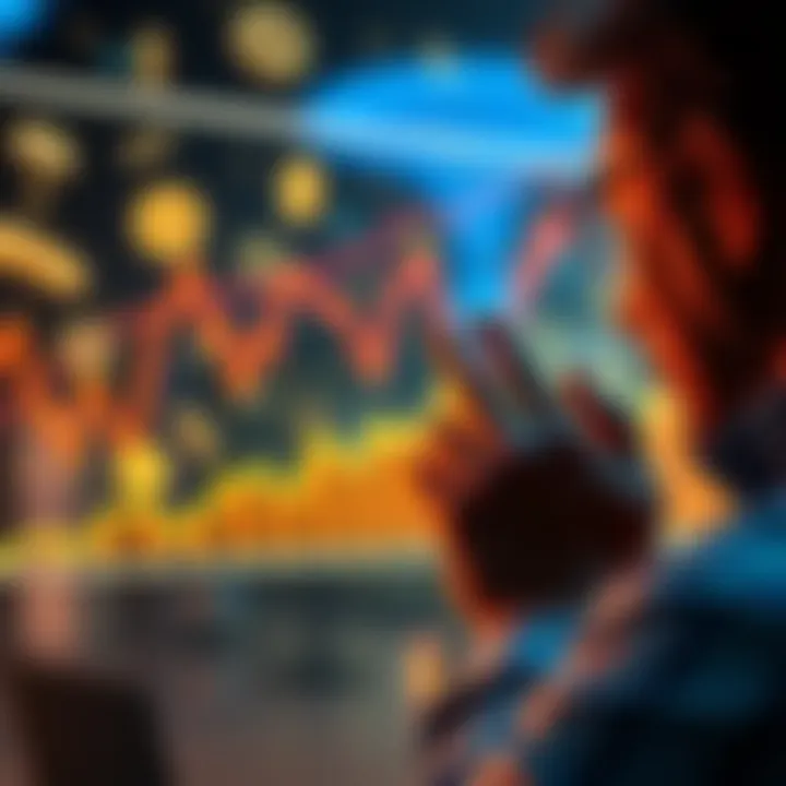 A person examining a graph showing the rise and fall of Ethfi Coin's value with money symbols in the background.