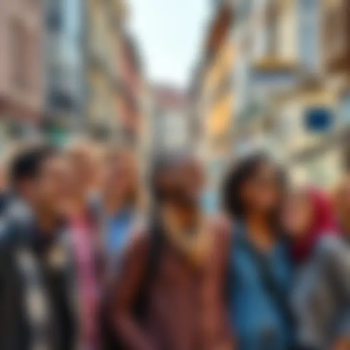 A group of diverse people laughing joyfully in a sunny European street, capturing a light-hearted moment.