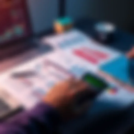A person analyzing investment charts and documents on a desk with a calculator and laptop