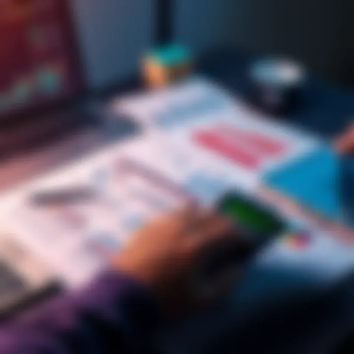 A person analyzing investment charts and documents on a desk with a calculator and laptop