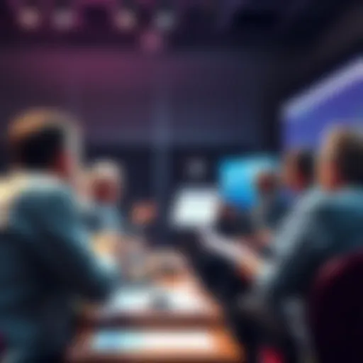 Group of people engaging in a lively debate about the evaporating claim's future in a conference setting, with charts and graphs in the background.