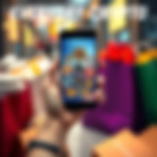 A person holding a smartphone displaying various digital coins suitable for daily purchases, surrounded by shopping bags and a coffee cup.