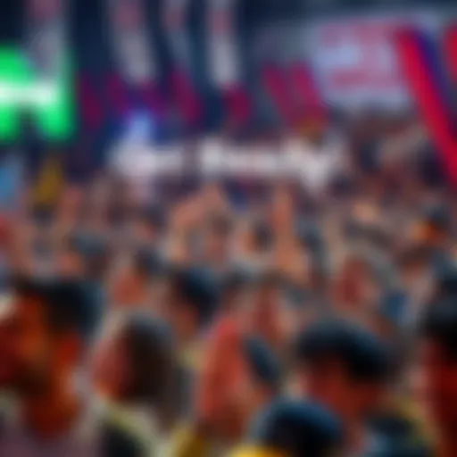 A lively crowd of people looking excited and ready for an upcoming event, with colorful banners and smiles all around.