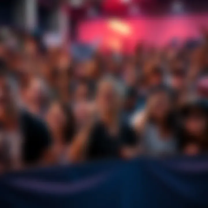 A diverse group of people eagerly waiting for a big announcement, holding banners and looking excited