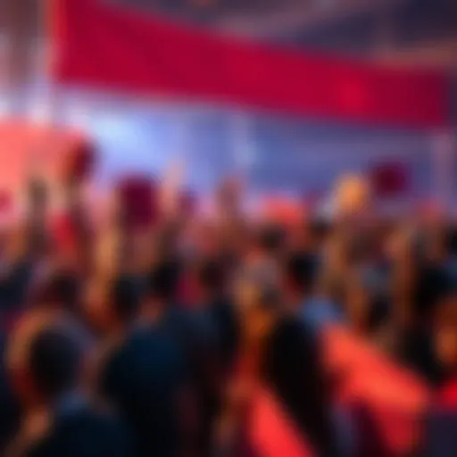 A crowd of people eagerly waiting with signs and banners for the upcoming pump event, filled with anticipation and energy.