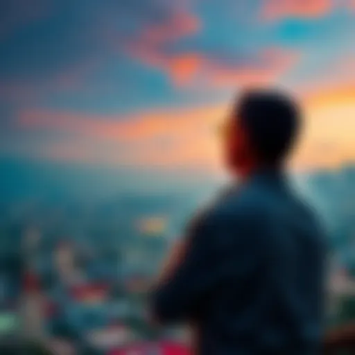 A former expat looks out over a cityscape, deep in thought about leaving El Salvador due to high costs and unmet Bitcoin promises.