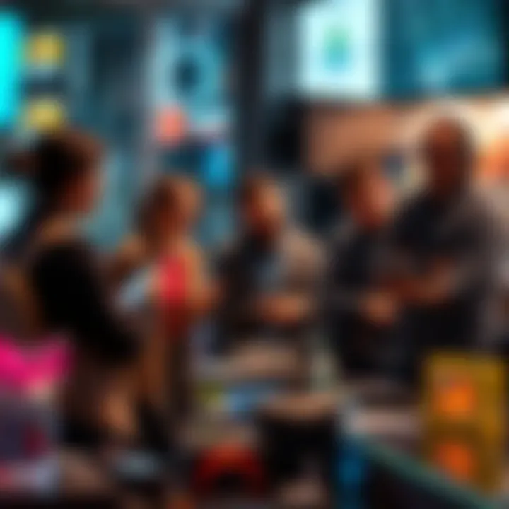 A group of people discussing authenticity in a modern setting, surrounded by various products and digital devices.