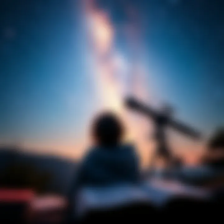 A person looking up at a star-filled sky, contemplating the universe with books and a telescope nearby.