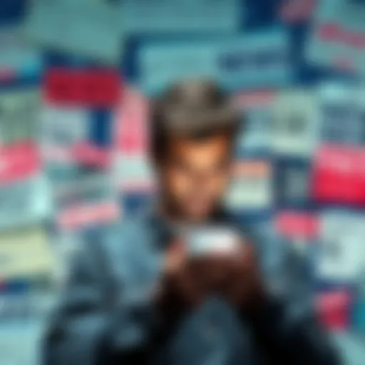 A person checking news on a smartphone, surrounded by mixed headlines representing facts and misinformation.
