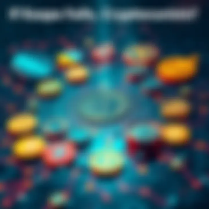 A visual representation showing the ripple effect of Kaspa's potential failure on the cryptocurrency market with various digital coin icons