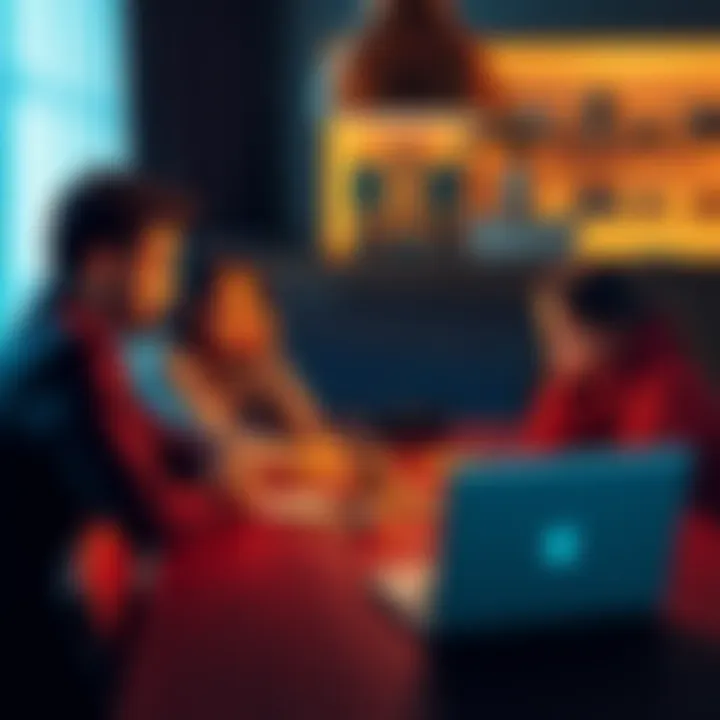 A family sitting around a table discussing Bitcoin investments, with a laptop open showing cryptocurrency graphs.
