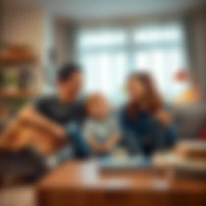 A family sitting in the living room, smiling and playfully discussing the availability of a room, with a child looking curious.
