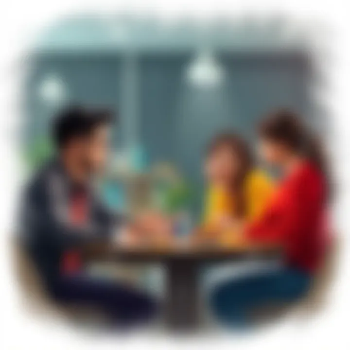 A family sitting at a table discussing bank account sharing with concerned expressions.