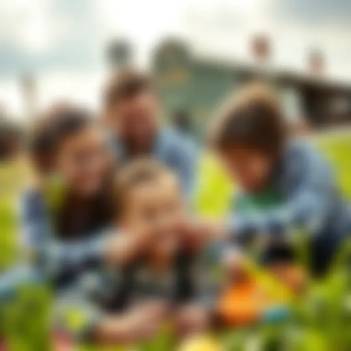 A family bonding while exploring different activities at Pi Farm, with kids playing and parents smiling, surrounded by green fields and farm attractions.