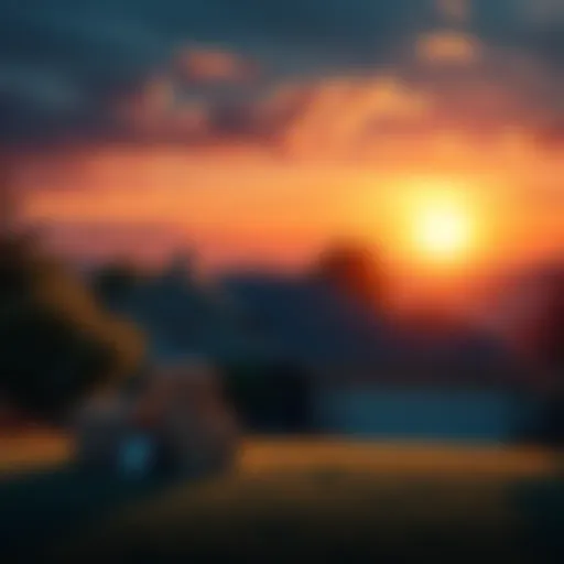 An emotional farewell scene depicting a sunset over a cherished home with moving boxes and memories