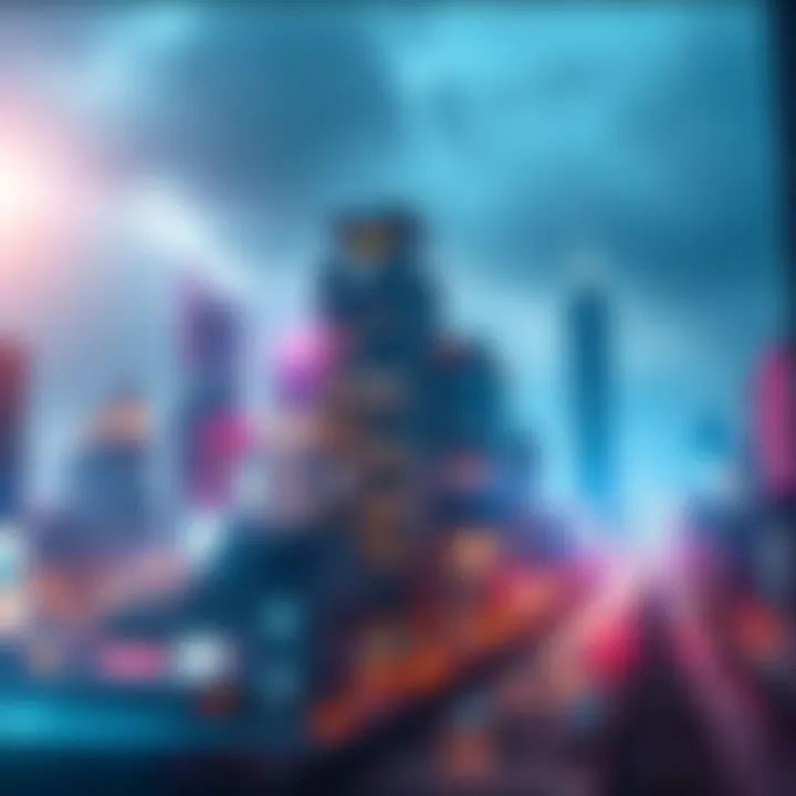 A busy city skyline with modern buildings and digital interfaces representing technological advancement and growth.