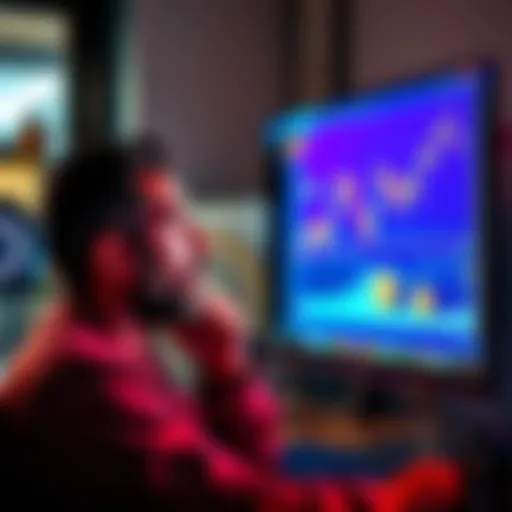 A single father looking at a computer screen with graphs and cryptocurrency coins, contemplating investing in ASIC mining for extra income.