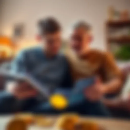 A son explains Bitcoin investment to his father, showing charts and graphics on a tablet in a cozy home setting