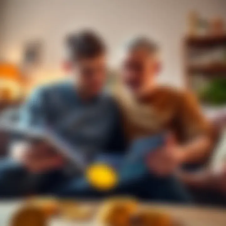 A son explains Bitcoin investment to his father, showing charts and graphics on a tablet in a cozy home setting